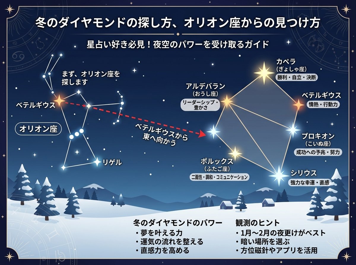 冬のダイヤモンドの探し方、オリオン座からの見つけ方