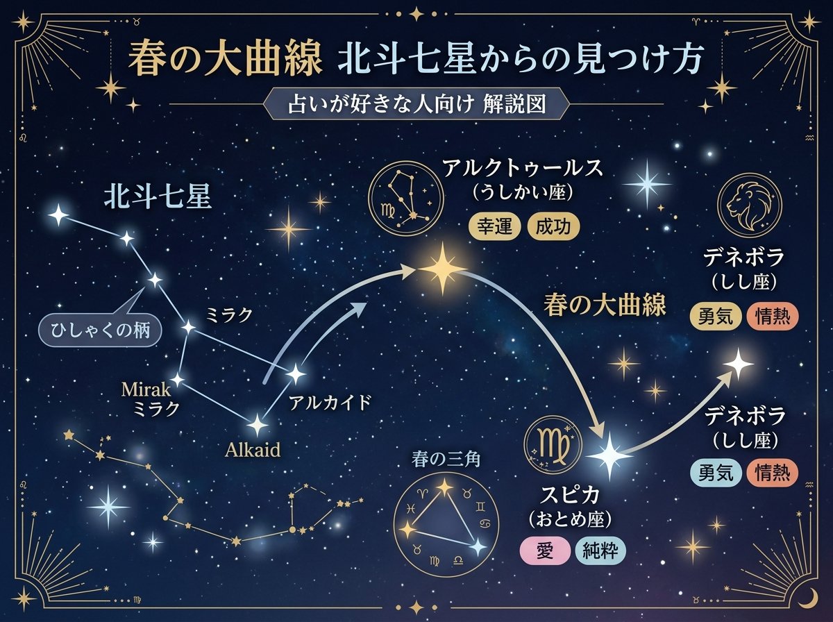 春の大曲線の北斗七星からの見つけ方