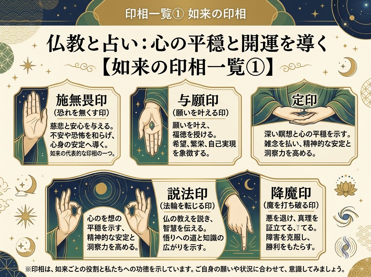 印相一覧①如来の印相:施無畏印・与願印・定印・説法印・降魔印