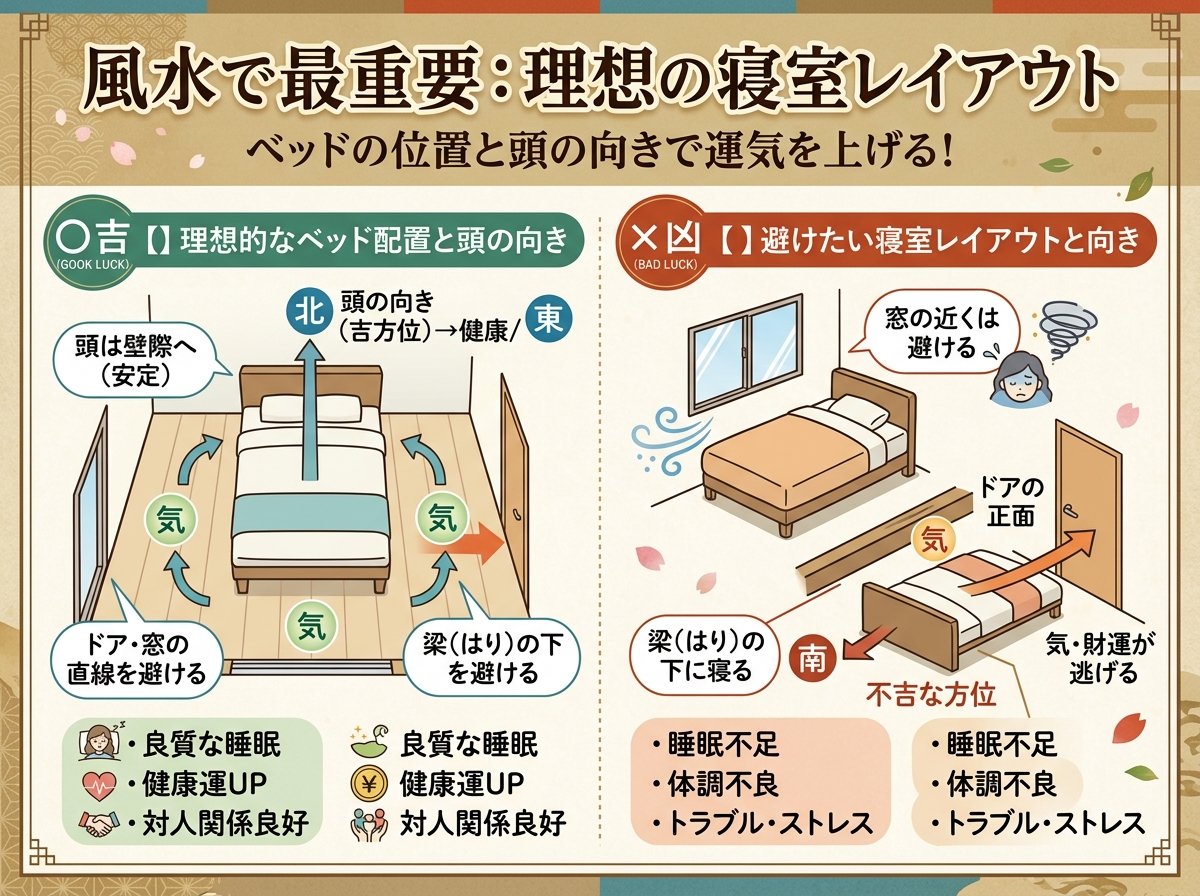 風水の寝室レイアウトで最重要：ベッドの位置と頭の向き