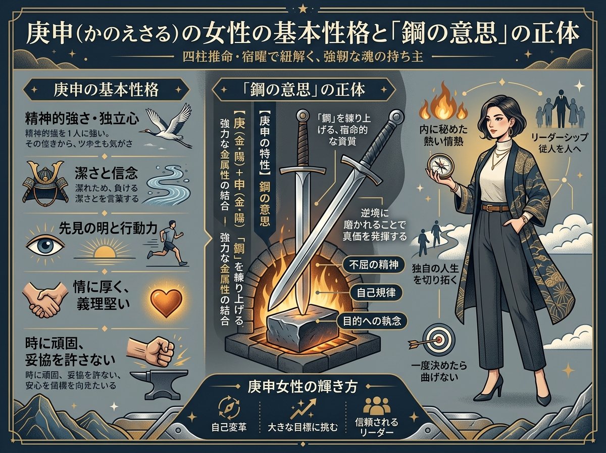 庚申(かのえさる)の女性の基本性格と「鋼の意思」の正体