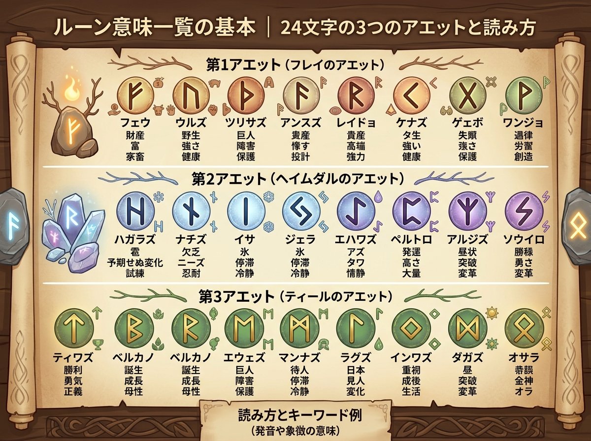 ルーン意味一覧の基本|24文字の3つのアエットと読み方