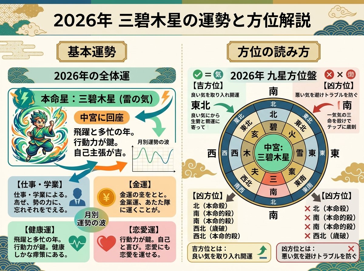三碧木星の2026年における基本的な運勢と方位の読み方