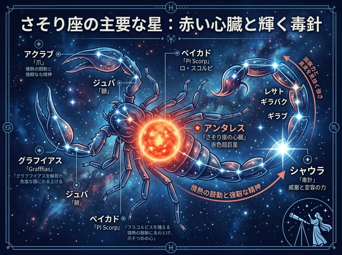 さそり座の主要な星|赤い心臓と輝く毒針