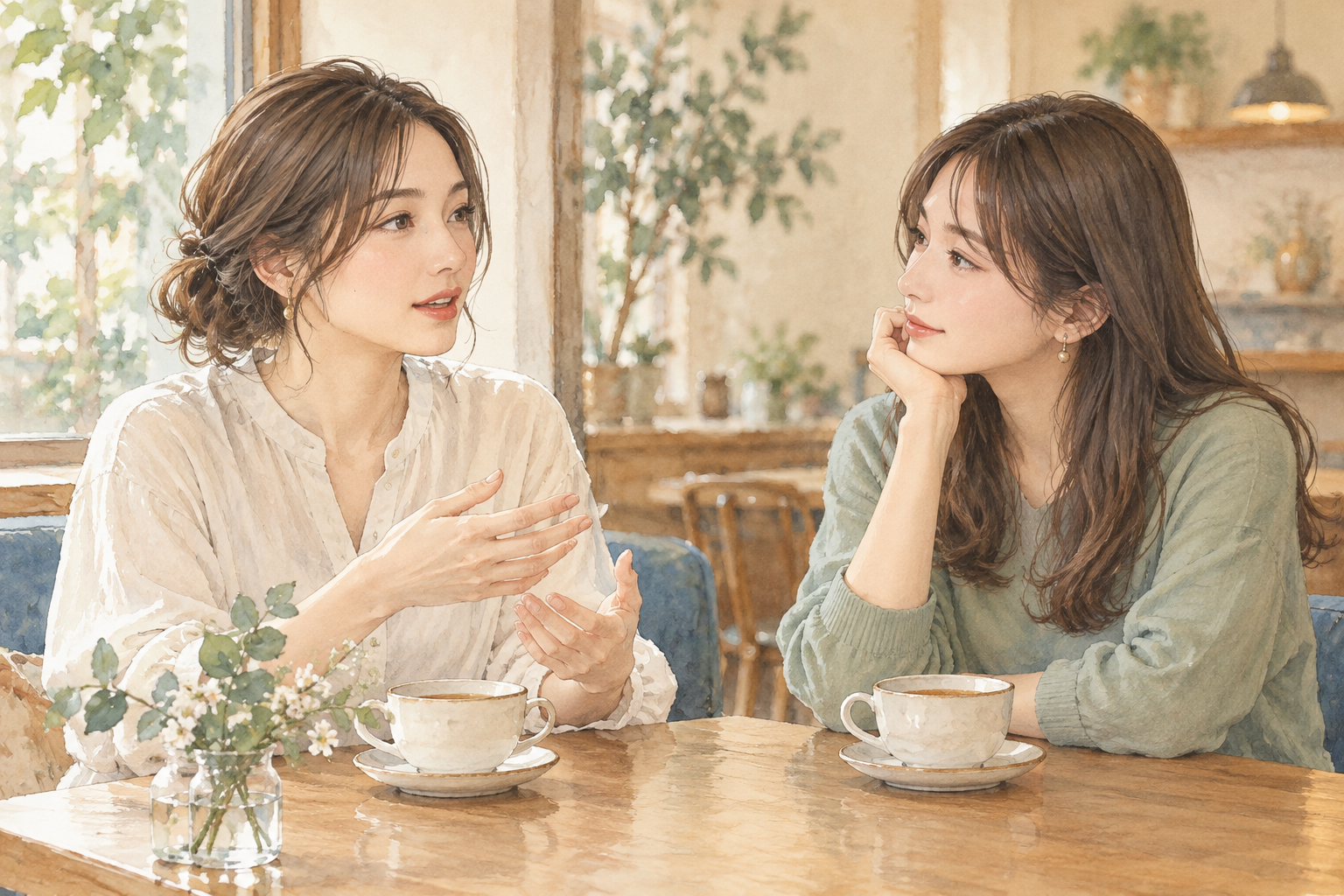 落ち着いた場所で気持ちを話す女性たちのイメージ