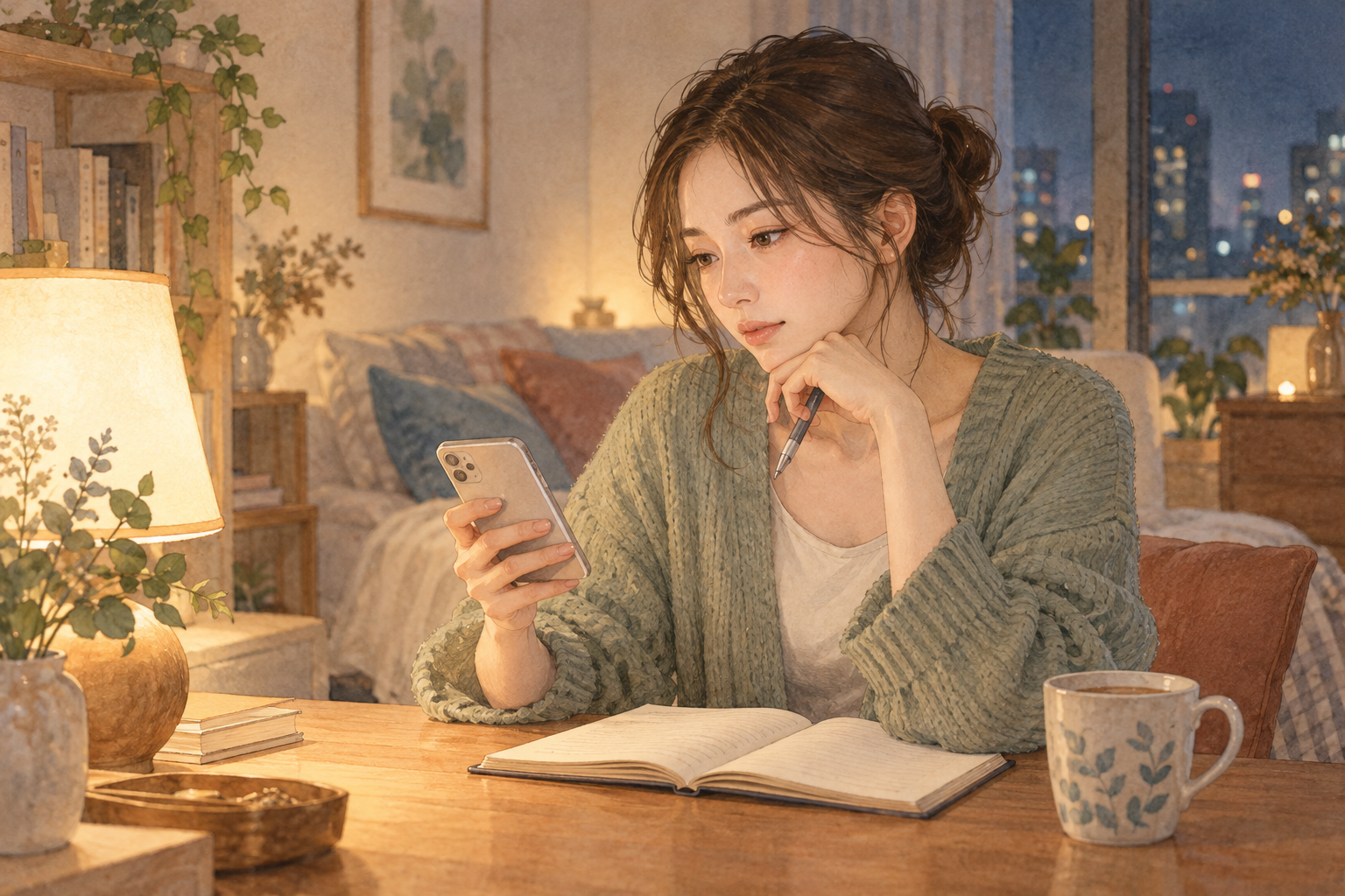 夜に連絡を待つ気持ちをノートに書く女性のイメージ