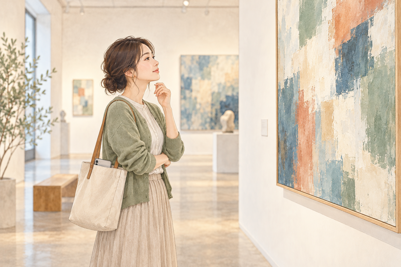 返事を待つ休日に自分で展示の予定を選ぶ女性のイメージ