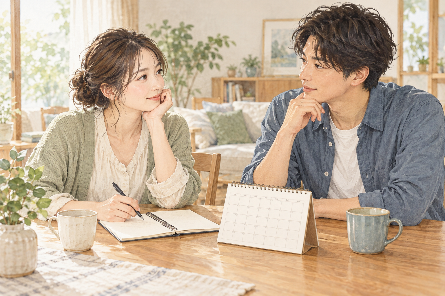 予定や希望をノートを開いて話し合う二人のイメージ