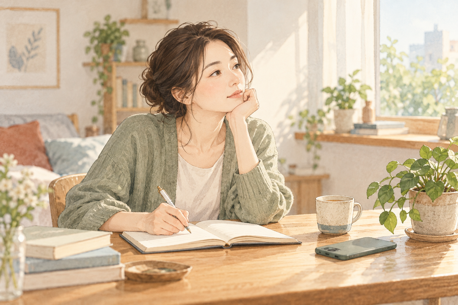 メッセージを送る前に伝えたいことを書く女性のイメージ