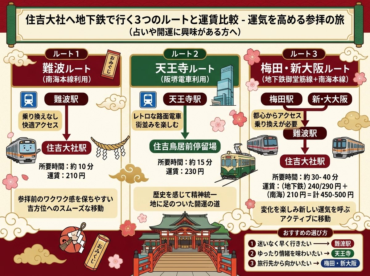 住吉大社へ地下鉄で行く3つのルートと運賃比較